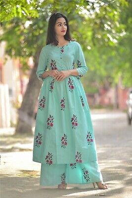 Indian Cotton Floral Palazzo Kurti Traditional Women's Party Wear Dress XL Size