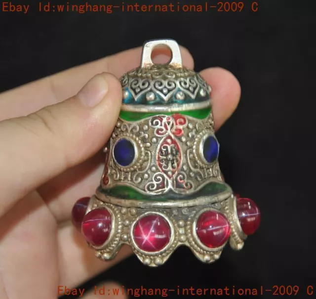 China Tibetan silver inlay gem Cloisonne Bell chung Amulet periapt pendant