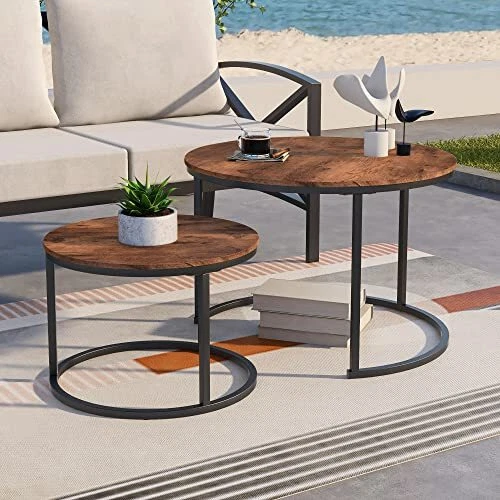 BOFENG Round Nesting Coffee Tables, Set of 2 End Tables for Large Vintage Brown