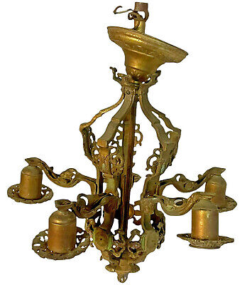 Antique Ornate Heavy Bronze Brass 5 Light Floral Victorian Chandelier W/ Canopy