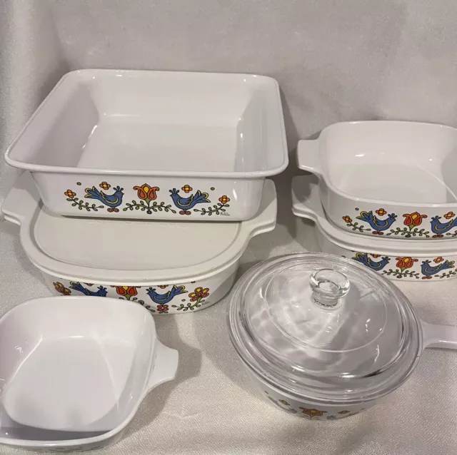 Vintage 1975 Corning Ware Festival Blue Birds 10 Piece Set