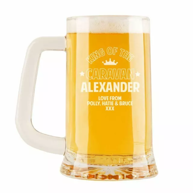 The King of the Caravan Personalised Engraved Glass Pint Tankard. Caravan Gifts