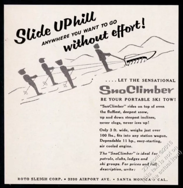 1957 Roto Sleigh SnoClimber portable ski tow skiing art vintage print ad