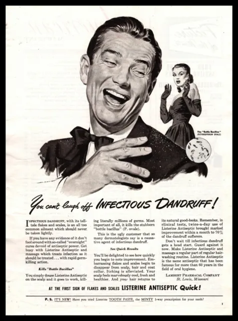 1949 Listerine Antiseptic "You Can't Laugh Off Infectious Dandruff!" Print Ad