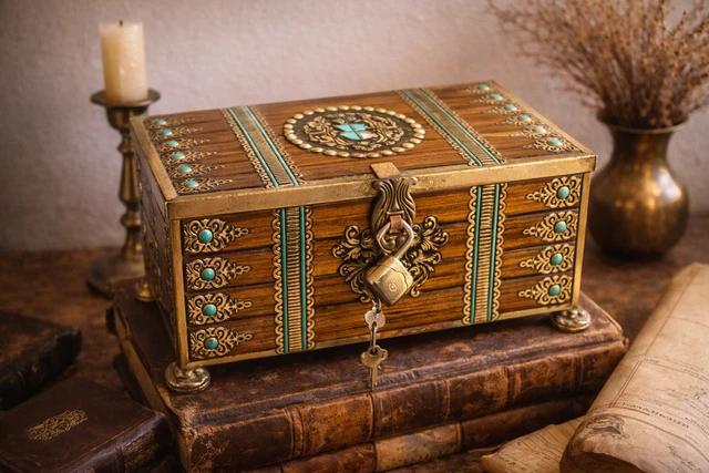 Coffre Au Trésor En Bois Vintage - Ancienne Boîte à Bijoux De Collection
