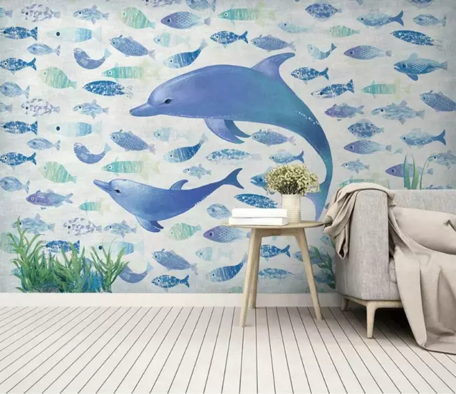 3D Cartoon Blue Dolphin 37939NA Wallpaper Wall Murals Removable Wallpaper Fay