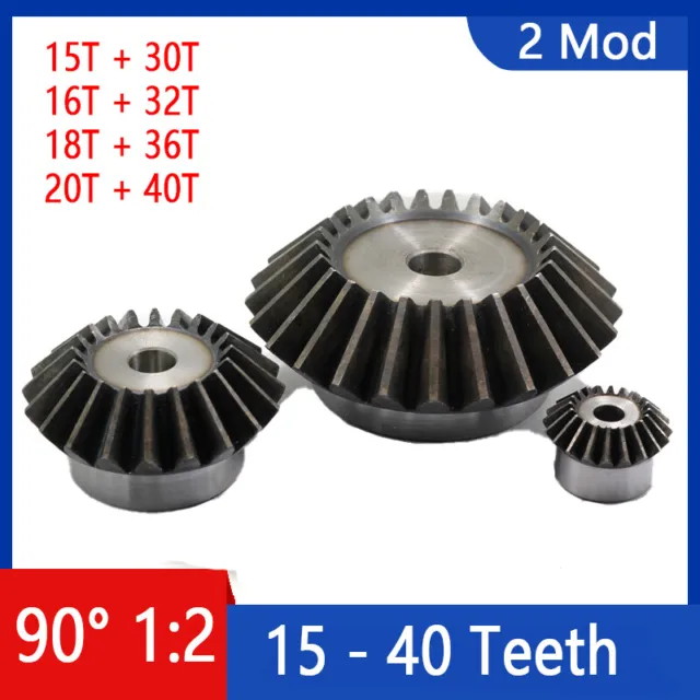 1 Pair 2 Modulus Bevel Gear Combination 15T to 40T 90° 1:2 Pairing 45# Steel