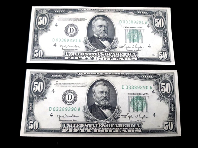 SCARCE PAIR OF 2 CONSECUTIVE 1950 Cleveland $50 MULE FRN NOTES CH/GEMS.  #4