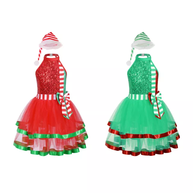 Kids Girls Santa Claus Tutu Leotard Dress with Hat Holiday Festival Party Dress