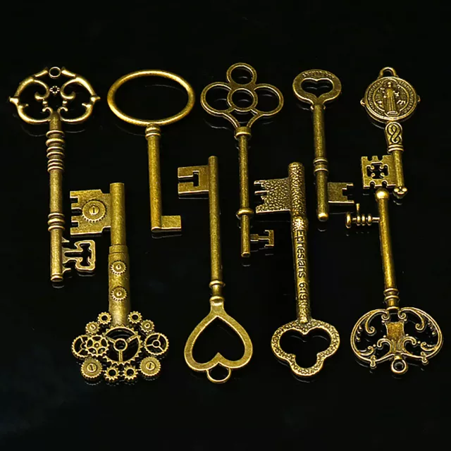 9X Keys BIG Large Antique Vintage old Brass Skeleton Lot Cabinet Barrel Lock