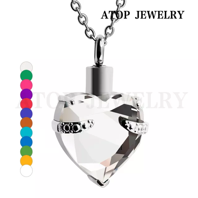 Crystal Heart Cremation Pendant Ashes Keepsake Memorial Urn Necklace 12 Colours