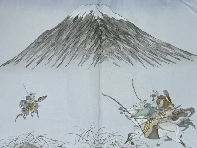 6557049: JAPANESE KIMONO / ANTIQUE MENS HAORI / TSUMUGI / MT. FUJI & WARRIOR (li