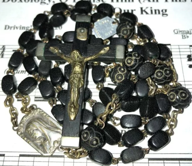 Antique/Vintage Rosary France, Bakelite, Brass/Wood Crucifix, Metal Tag, 20"   