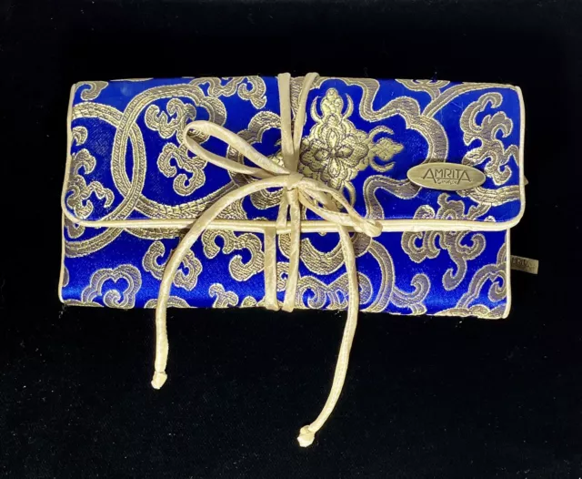 Amrita Singh Silk Travel Jewelry Case Boho Travel Bag Tibetan Blue Lotus Pattern