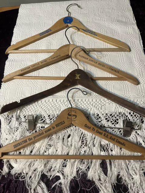 Lot 4 Vintage Advertising Wooden Wood Hangers Coat Suit Pants Hotels