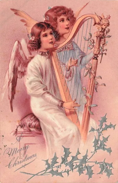 1906 HARP PLAYING ANGELS  Embossed  Christmas Greetings Postcard