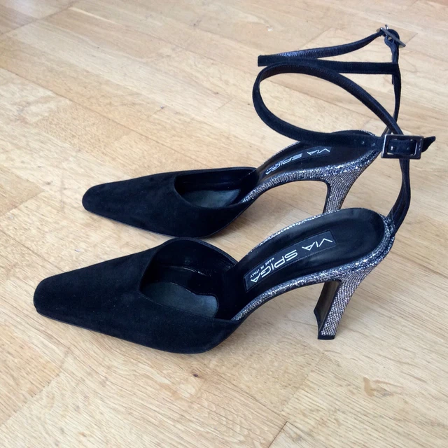 Chaussures à sangle cheville VIA SPIGA en daim noir + paillettes HH « Nina » taille 39/6 vintage neuves avec étiquettes