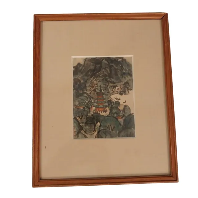 Vintage Signed Chinese Water Color Scroll Painting Pagoda Mountains Landscape