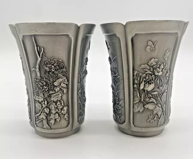 2x Royal Selangor Pewter Four Seasons Small Vase Tumbler Beaker 9cm High      L3