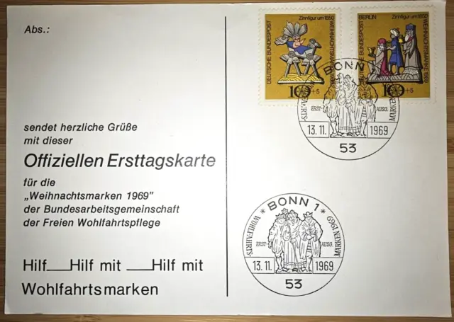 Sonderkarte, Bund, Berlin, Weihnachten 1969, Mi. Nr. 352 (Berlin), 610 (BR), SST