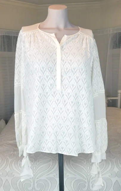 Rebecca Taylor silk chiffon lace long sleeve tie cuff white blouse size 6 EUC