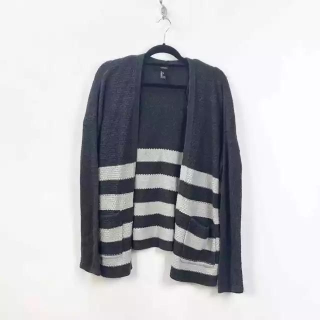 Forever 21 Large Womens Dark Gray Ivory Striped Waffle Knit Cardigan Sweater