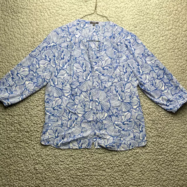 NYDJ Blouse Womens XL Blue Floral Print Pintucked Back 3/4 Sleeve Button Up Top