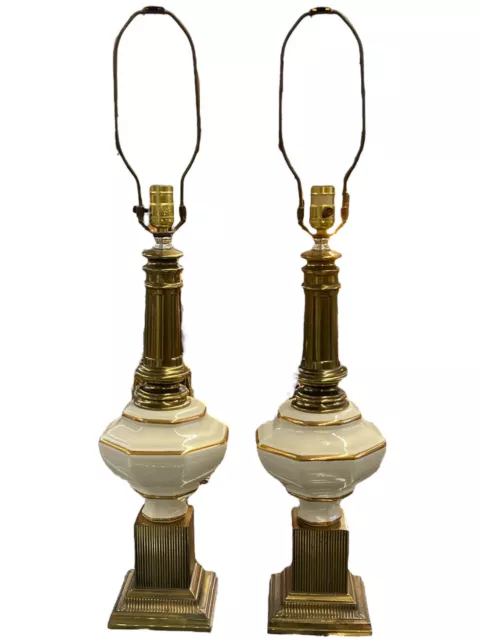 Pair Vintage Hollywood Regency Ceramic White Cream/Gold Base And TopBrass Lamps