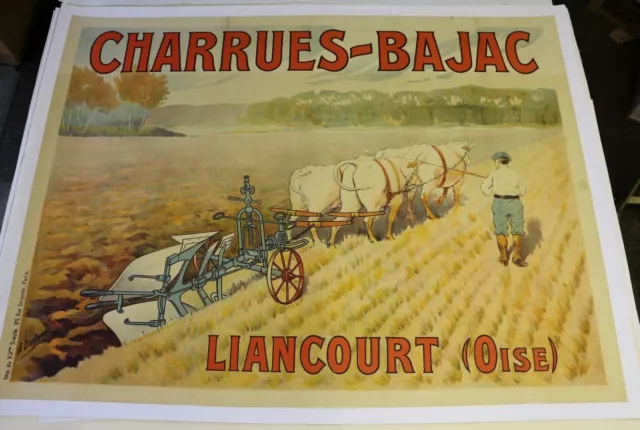 AFFICHE AGRICOLE 1900 CHARRUES BAJAC LIANCOURT OISE traction BOEUF LITHO brabant