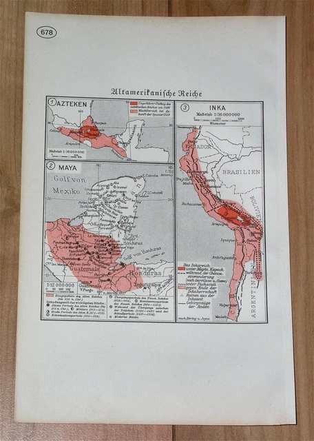 1938 Vintage Map Of Aztec Inca Maya Mayan Empire / Yucatan Andes Mexico