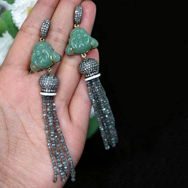 Jade Carving Buddha Labradorite Diamond Earring 925 Sterling Silver Jewelry