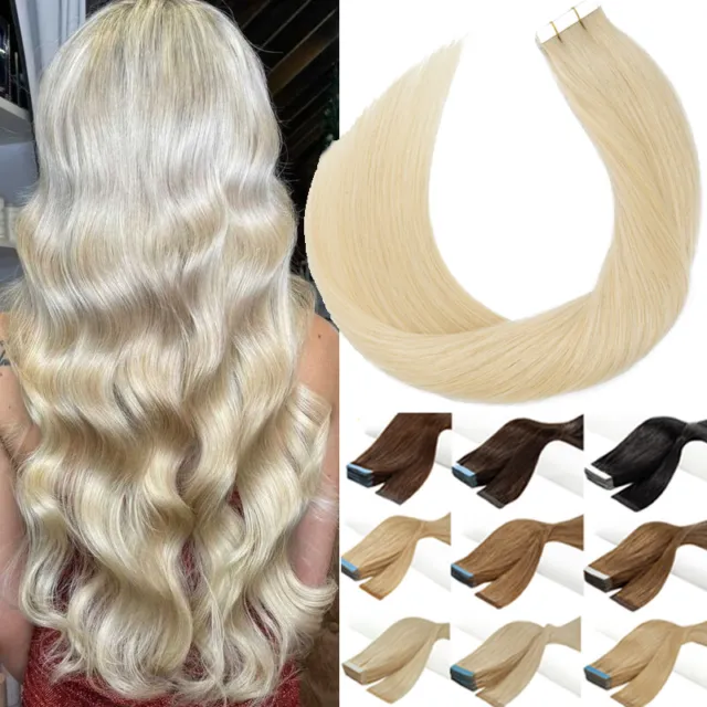 Seamless Tape In 100% Remy Human Hair Extensions Highlight Skin Weft Hair White