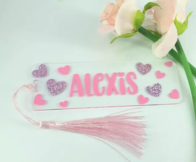 Personalised Clear Acrylic Bookmark love hearts - custom name back to school