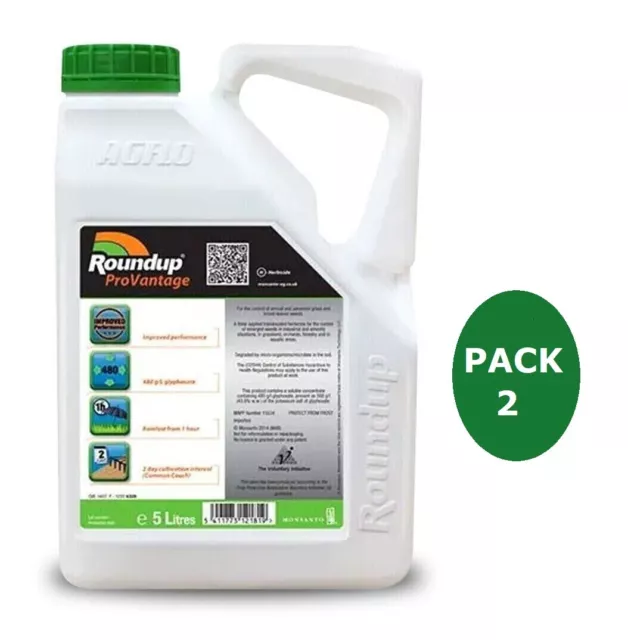 2 X 5L Roundup Pro Vantage 480/L Strongest Weed Killer Free Cup & Gloves