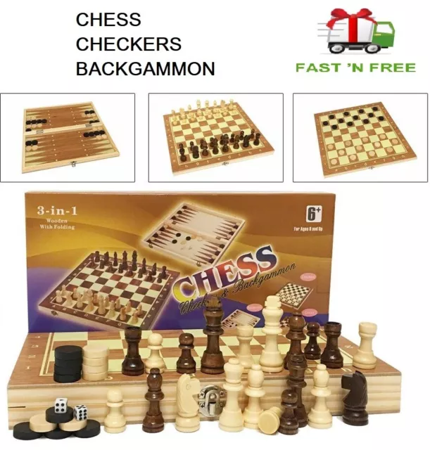 3 in 1 Folding Wooden CHESS CHECKERS BACKGAMMON Board BRAIN Game Home Outdoor