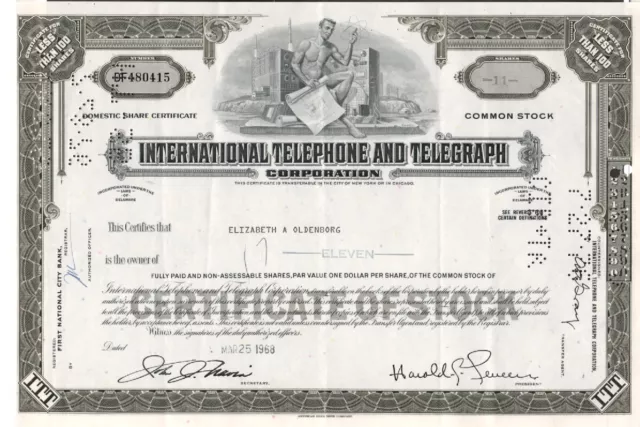 International Telephone-Telegraph  - Original Stock Certificate -1968 - DF480415