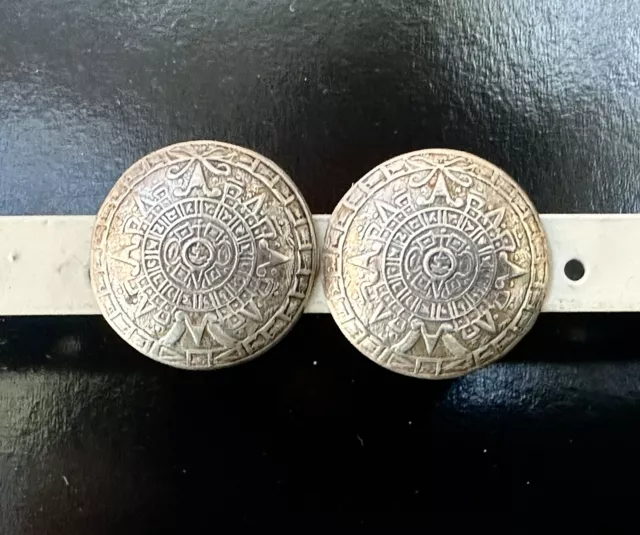 Old Sterling Silver 925 Aztec Mayan Calendar Taxco Mexico Clip On Earrings