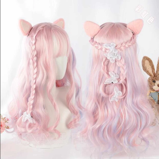 Red blue gradient cat ear long curly hair cosplay Wig Synthetic party Cosplay