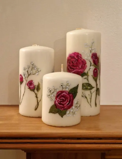 Red Roses Pillar Candle Set.  Hand painted unusual ,unique gift.