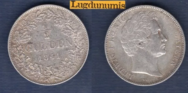 Germania 1/2 Gulden 1841 Ttb Bavaria Ludwig I Argento Silver German