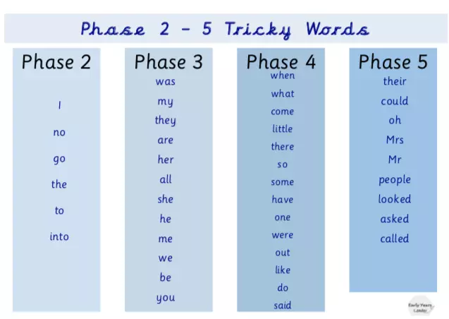 Phase 2, 3, 4, 5 Laminated Phonics Tricky Word Mat Age3-6 Education VocabularyA4
