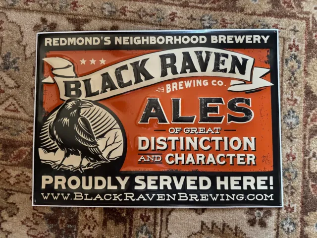 Black Raven Brewing Metal Tin Beer Sign 16”x11” Embossed Dist. RARE Redmond, WA