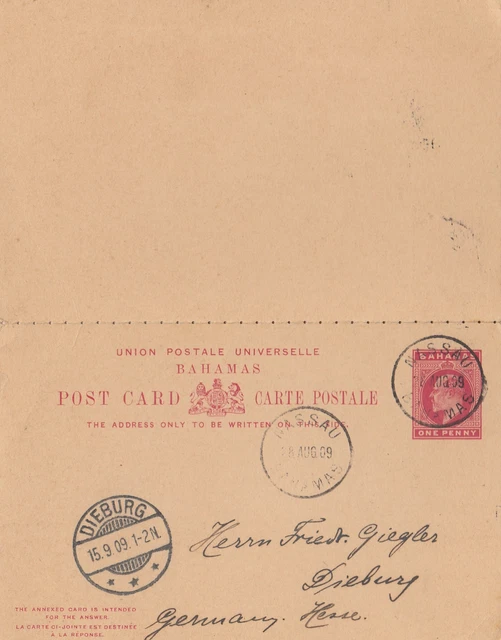 Bahamas: Post Porto Card 1909: Nassau To Dieburg