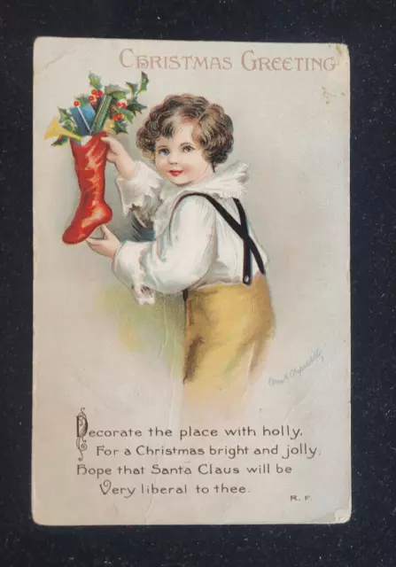 Antique Ellen Clapsaddle Christmas Postcard Child with Stocking 1919