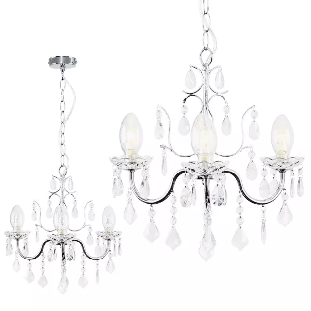 Chandelier Ceiling Light Fitting Traditional Chrome IP44 3 Way Glass Droplet