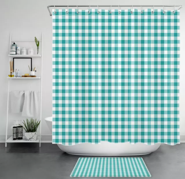 Turquoise Check Plaid Modern Farmhouse Shower Curtain Bathroom Accessories Set