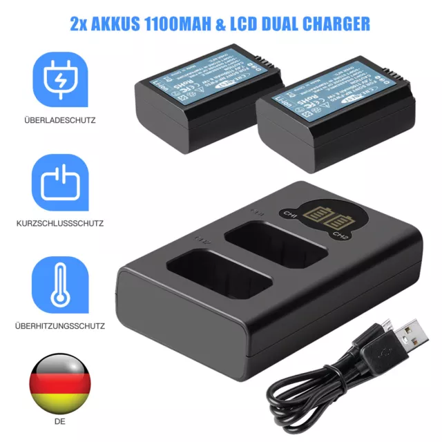 2 x Akku & LCD Dual Ladegerät Für Sony NP-FW50 Alpha A6000 A6300 A6500 A7r A7 7r