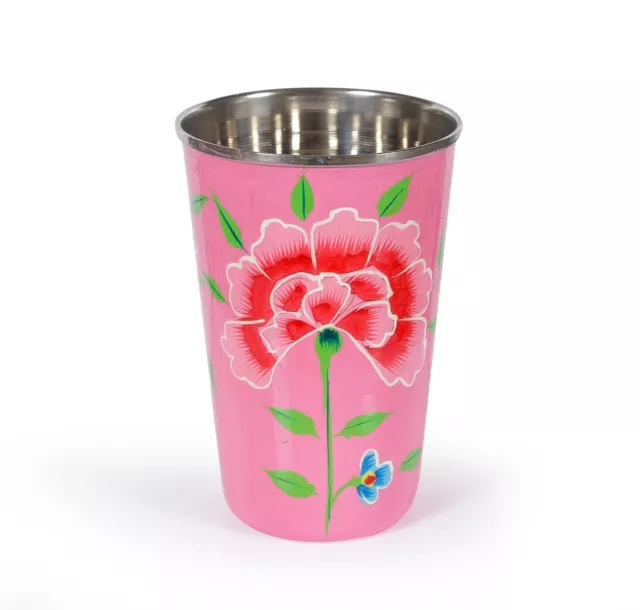 Hecho a Mano Pintado Hermoso Rosa Flor Acero Inoxidable Agua Potable Vidrio Taza