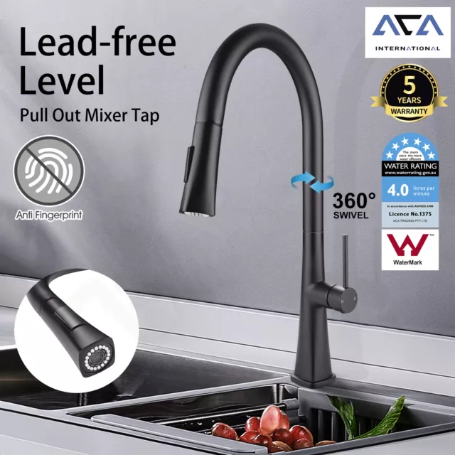 ACA Black Swivel spout Laundry Sink Faucet Brass Pull Out Kitchen Mixer Tap WELS