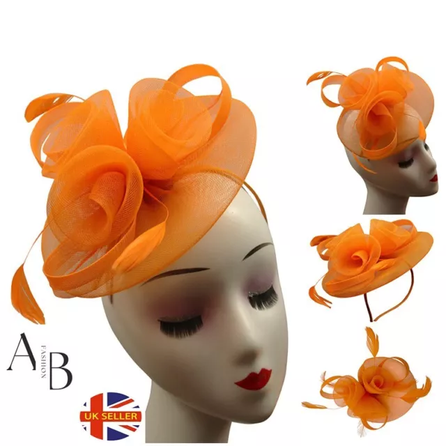 Large Wedding Orange Fascinator Headband Aliceband Ladies Day Races Royal Ascot